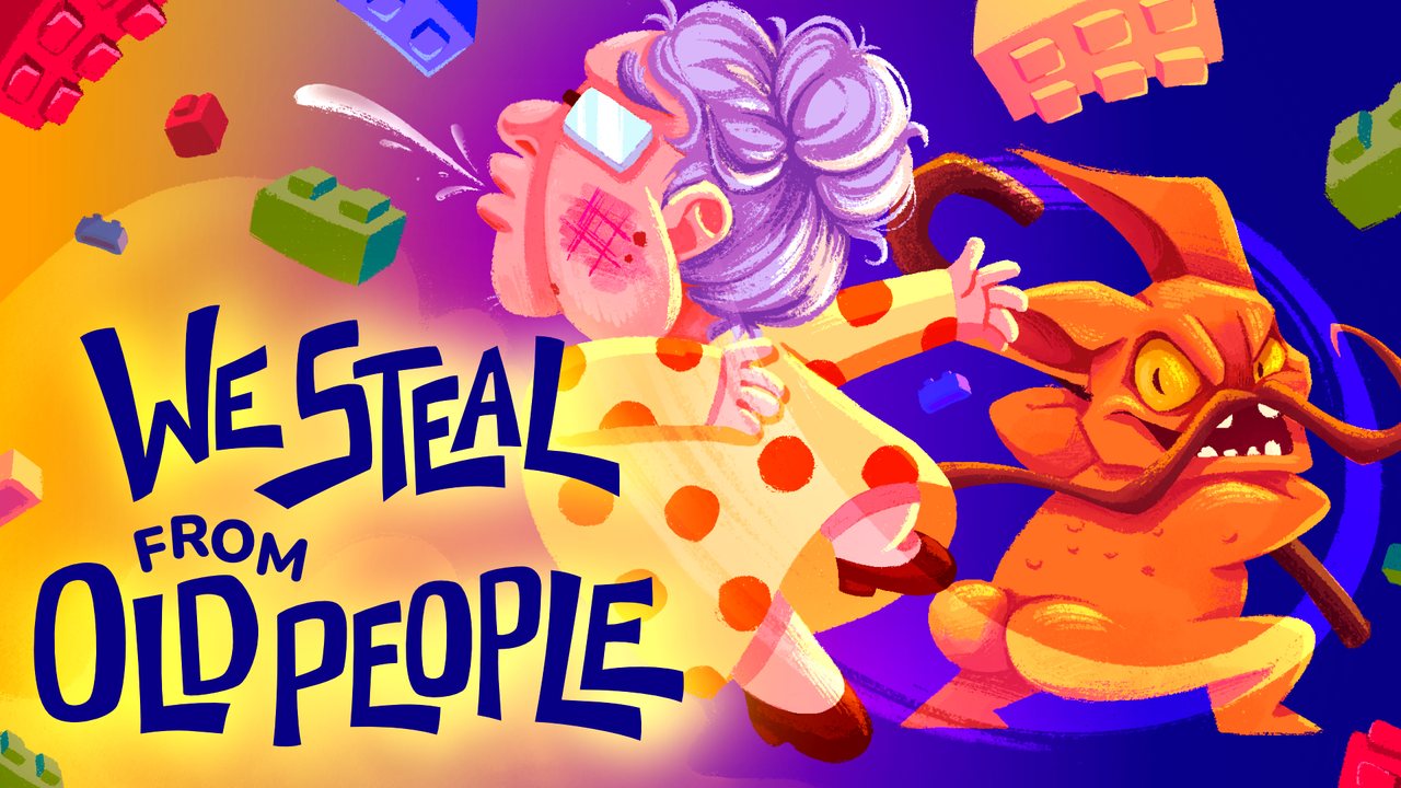 Key art for We Steal From Old People: The Game. An orange horned weasel swings a cane at a startled grandma in a polka-dot dress as toy bricks fly through a yellow-to-purple sky.
