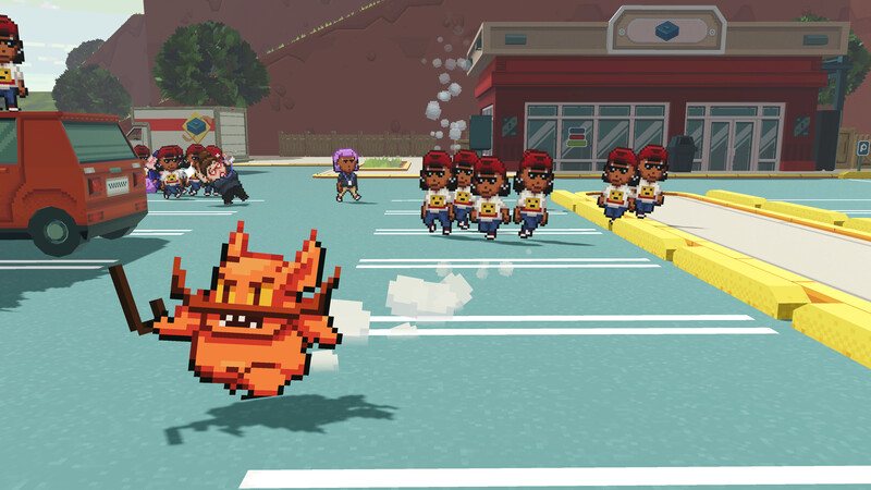 Gameplay: a pixel-art orange weasel sprints across a 3D strip-mall parking lot, with a crowd of red-capped goons running behind.