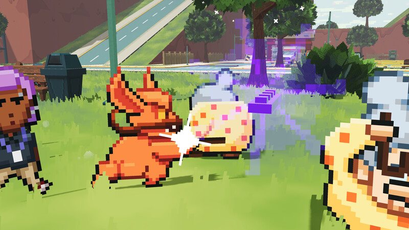 Gameplay: the weasel punches a grandma in a polka-dot dress in a grassy park
