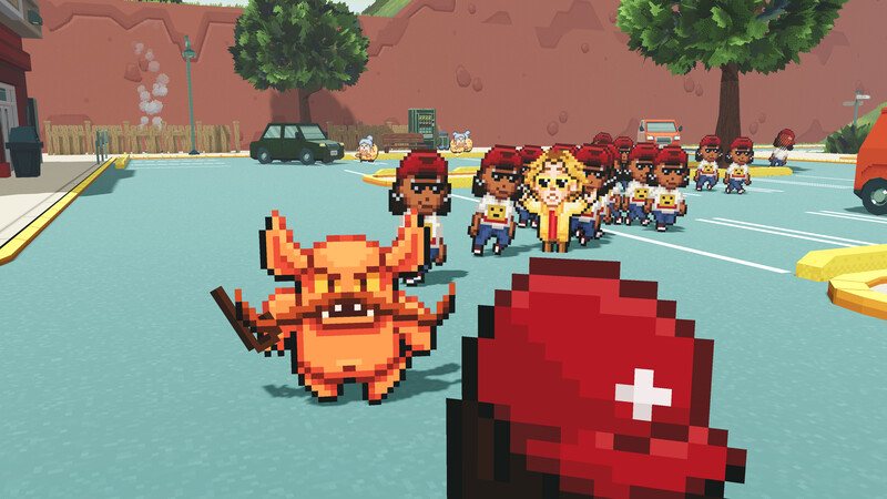 Gameplay: the weasel faces the camera in a parking lot, backed by a swarm of red-capped goons with a blond vigilante in a yellow jacket in the middle.