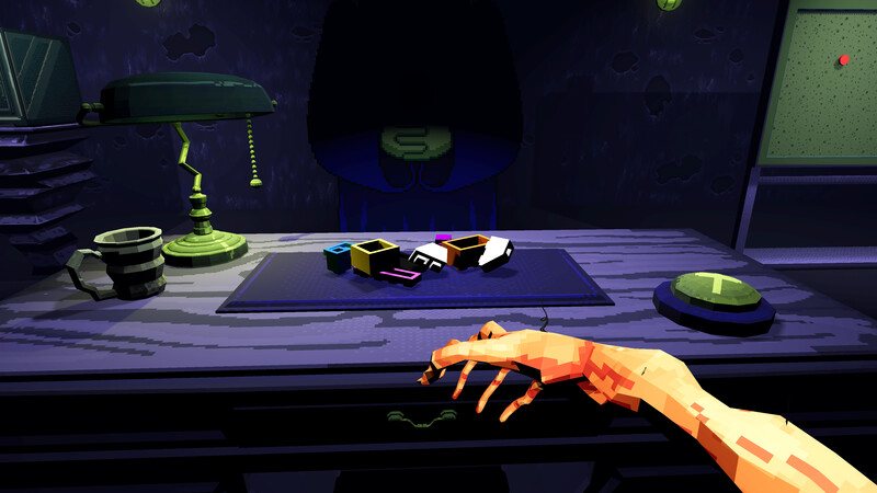 Gameplay: a first-person view of a dark lair, with a clawed orange hand reaching toward colorful bricks on a desk beside a green lamp and a big green button.